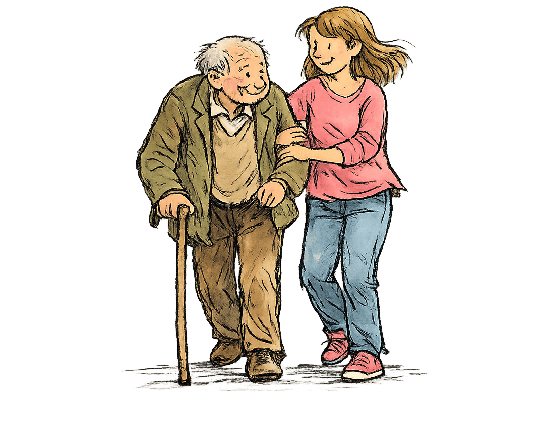 Illustration of a caretaker walking with an elderly person